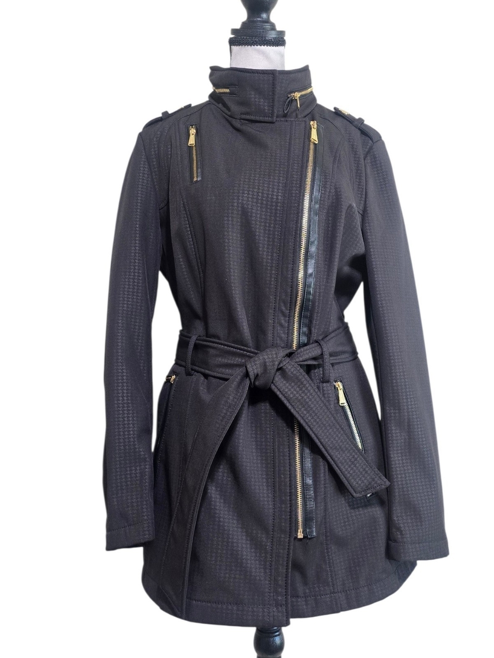 Michael Kors Houndstooth Black Gold Belted Coat Med Modern Moto Contemporary